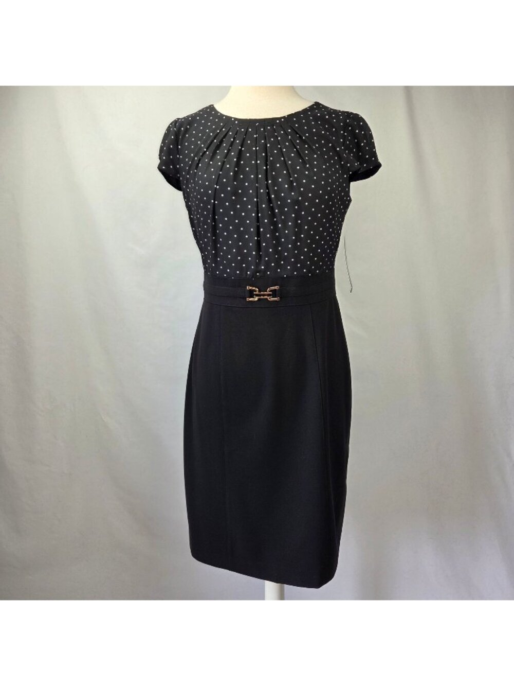Tahari ASL Polka Dot & Solid Black Cap Sleeve Sheath Dress Womens Size 8